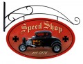 Vintage-Retro Speed Shop Double Sided Oval Metal-Tin Sign with Wall Mount