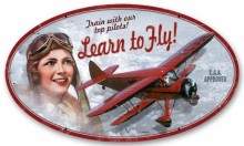 Vintage-Retro Learn to Fly Oval Metal-Tin Sign
