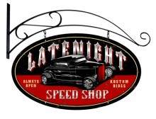 Vintage-Retro Latenight Speed Shop Double Sided Oval Metal-Tin Sign with Wall Mount