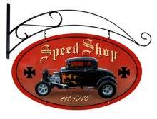 Vintage-Retro Speed Shop Double Sided Oval Metal-Tin Sign with Wall Mount