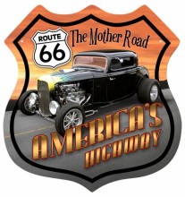 Vintage-Retro Route 66 Hotrod Shield Metal-Tin Sign