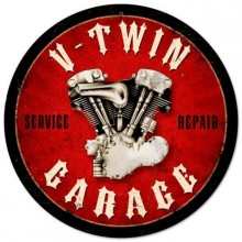 Vintage-Retro V-Twin Garage Round Metal-Tin Sign